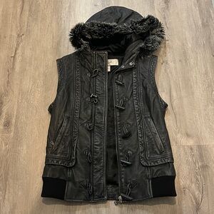 Genuine Leather Vest with Fur Trim and Hood